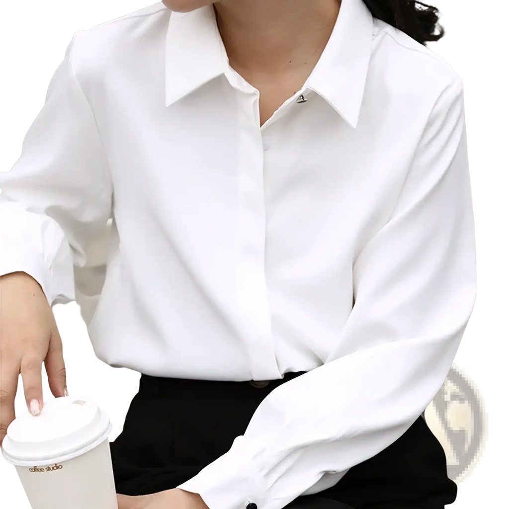 A crisp white long sleeve button down shirt with classic collar and pleated cuffs for office wear