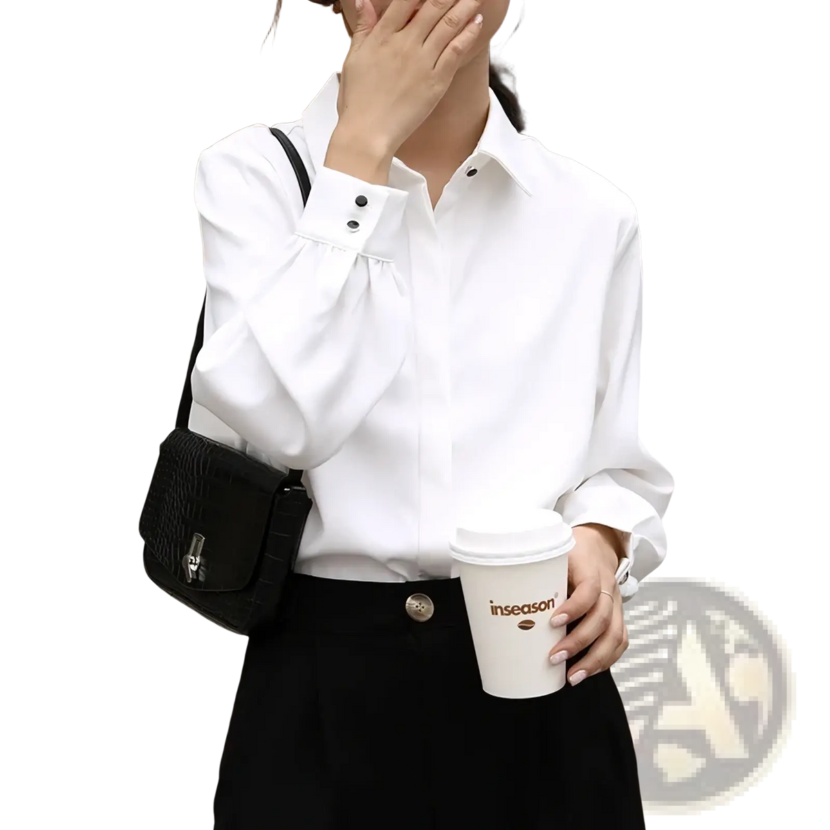 White office blouse long sleeve button down shirt with black buttons and subtle ruching at the cuffs