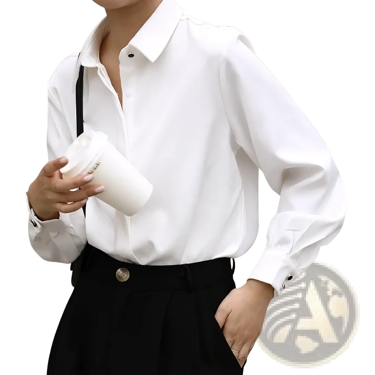 White office blouse long sleeve button down shirt with classic collar and black button cuffs for professional wear