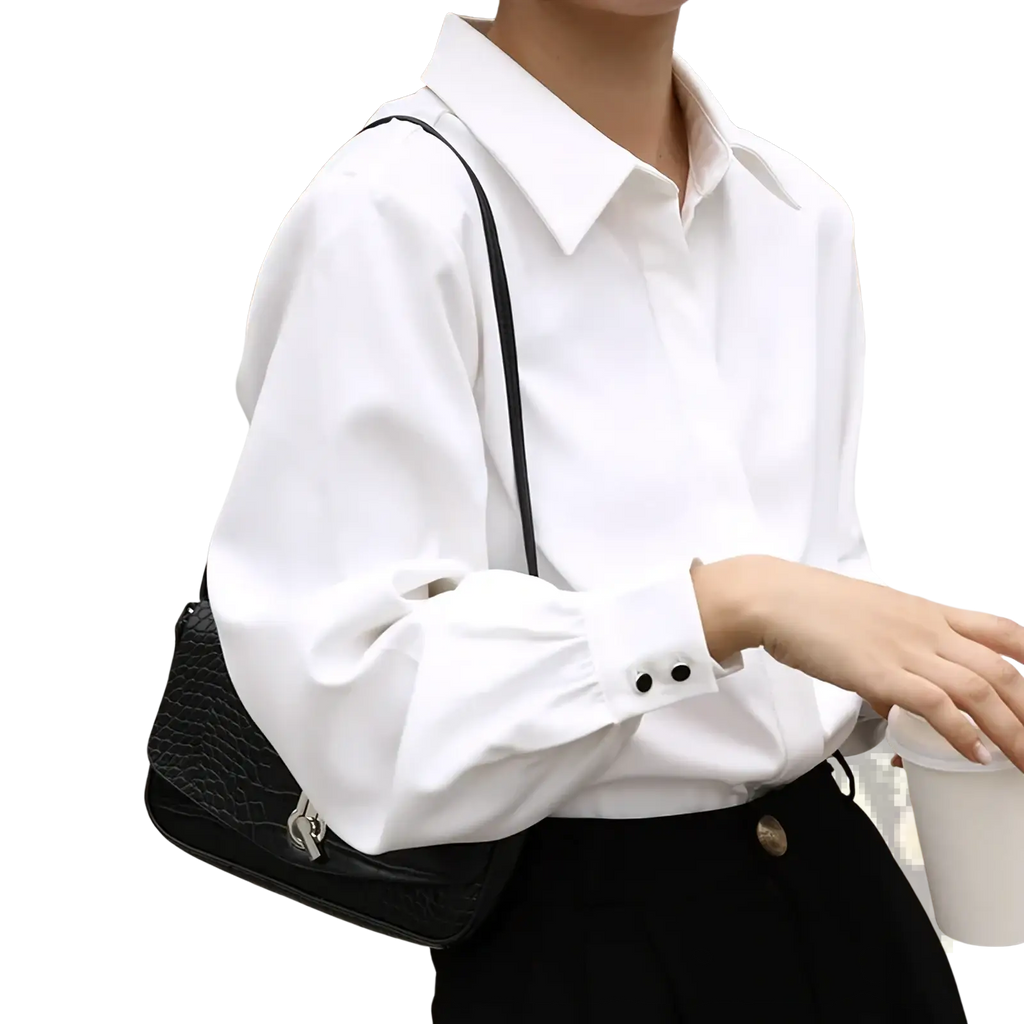 White office blouse long sleeve button down shirt with black buttons and classic collar for professional wear