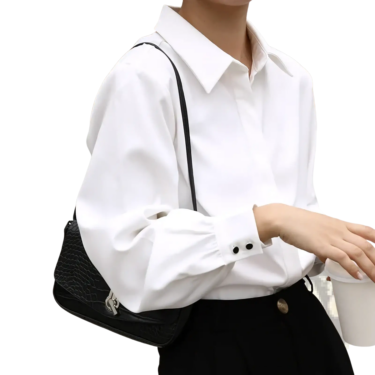 White office blouse long sleeve button down shirt with black buttons and classic collar for professional wear