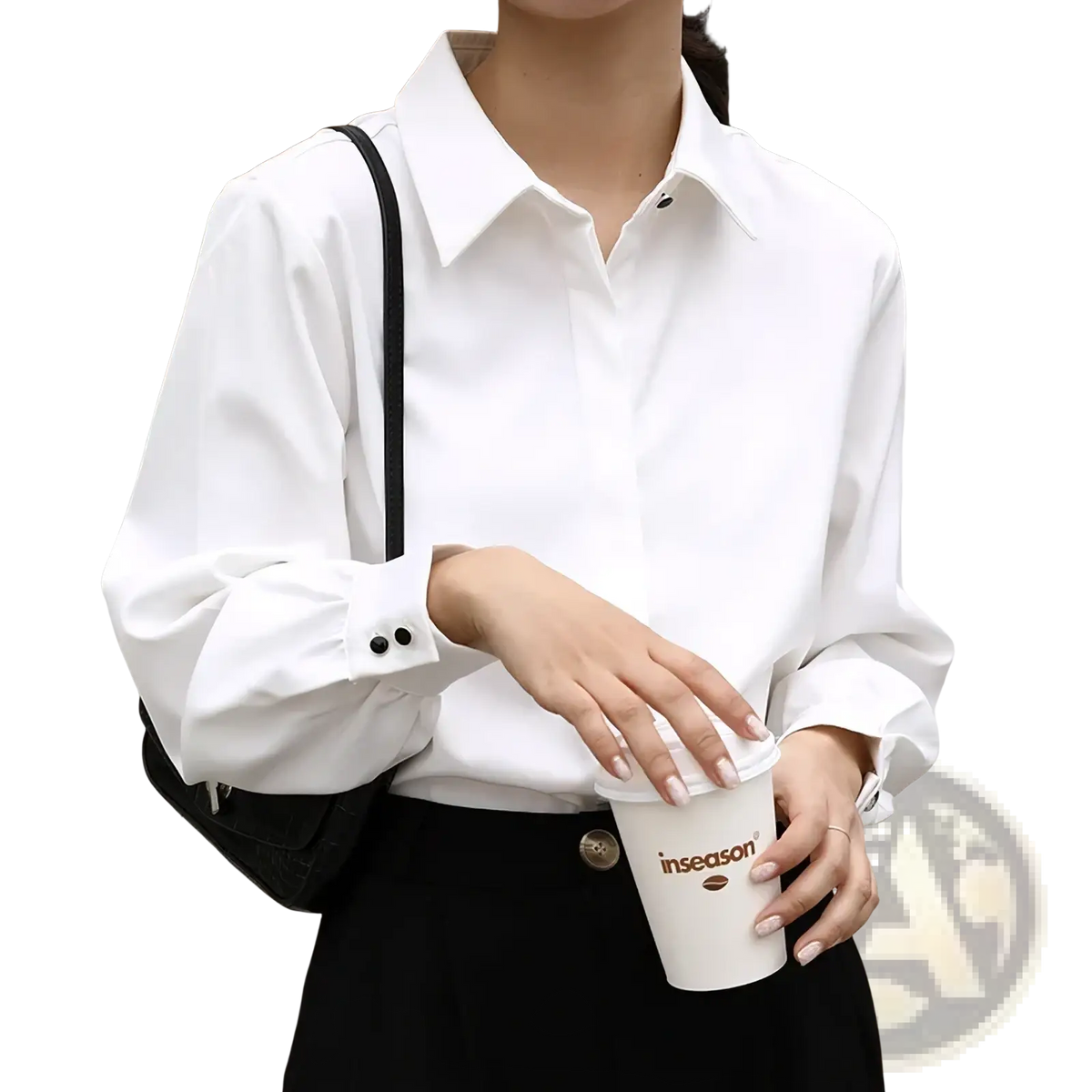 White office blouse long sleeve button down shirt with black buttons and classic collar in cotton fabric for formal wear
