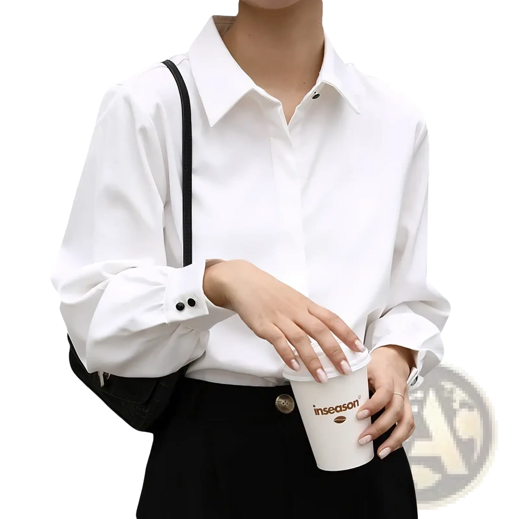 White office blouse long sleeve button down shirt with classic collar and black button cuffs for professional wear