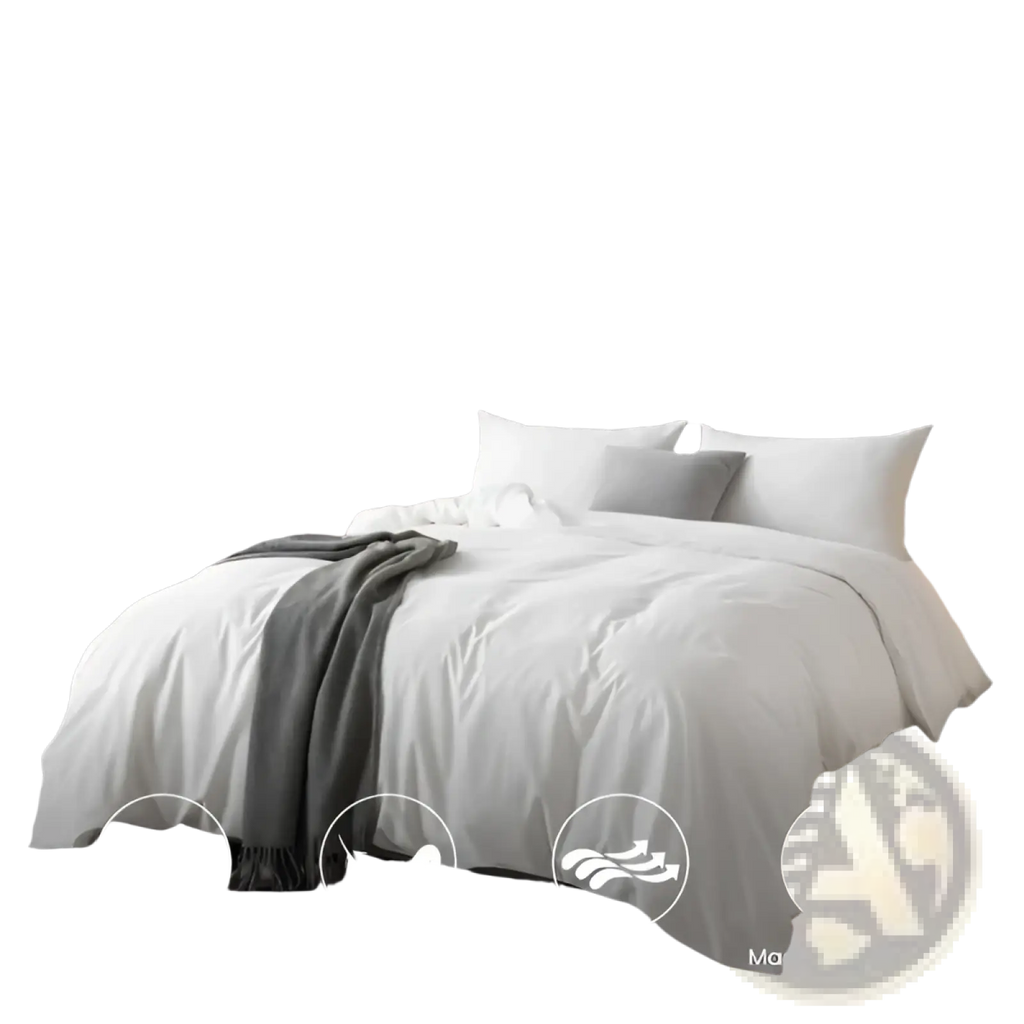 Gray upholstered headboard with padded rectangular design paired with white oversized duvet cover set and pillowcases