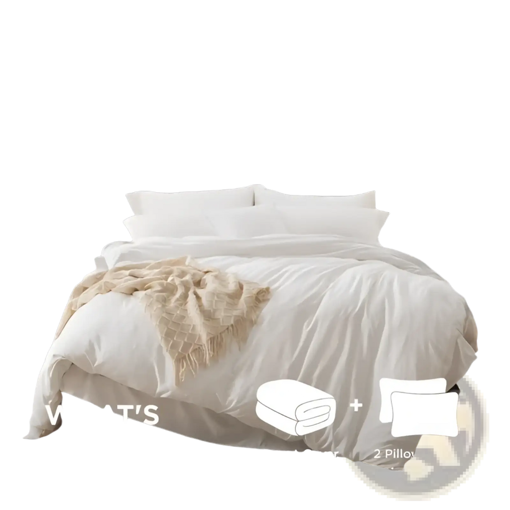 White oversized duvet cover set with pillowcases in soft textured fabric and an elegant beige throw blanket