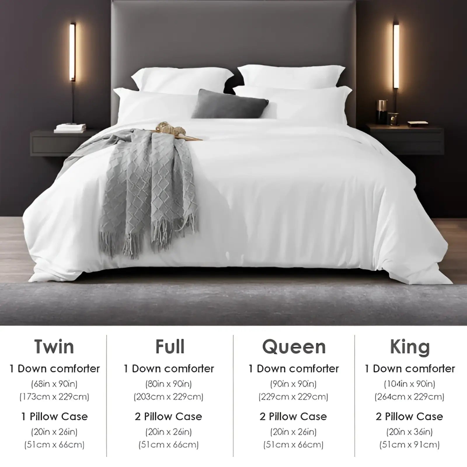 White oversized duvet cover set with pillowcases in satin-like white fabric and gray textured throw blanket draped over bed