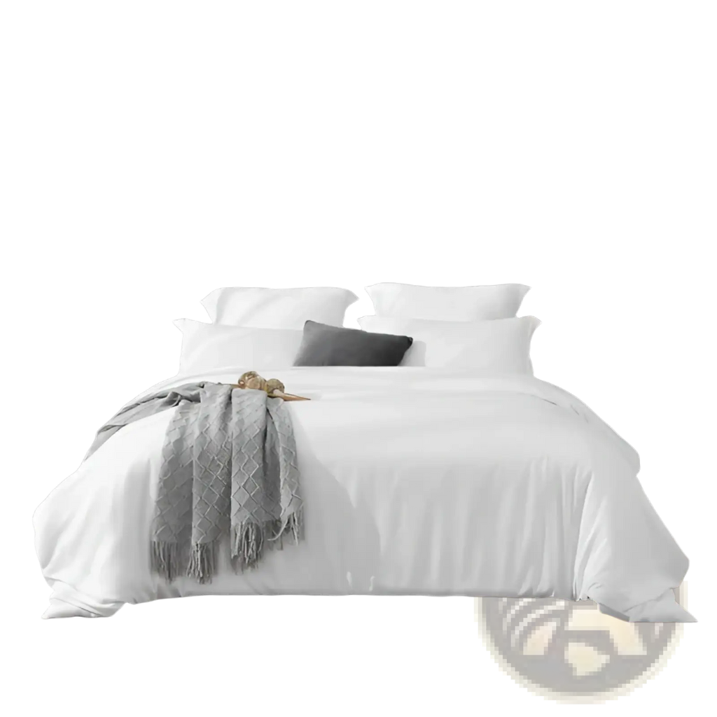 A sleek modern gray upholstered bed headboard with minimalist design paired with a white oversized duvet cover set with pillowcases