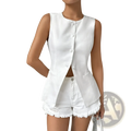 White sleeveless button-up vest with peplum hem and front pockets suitable for stylish layering and office wear