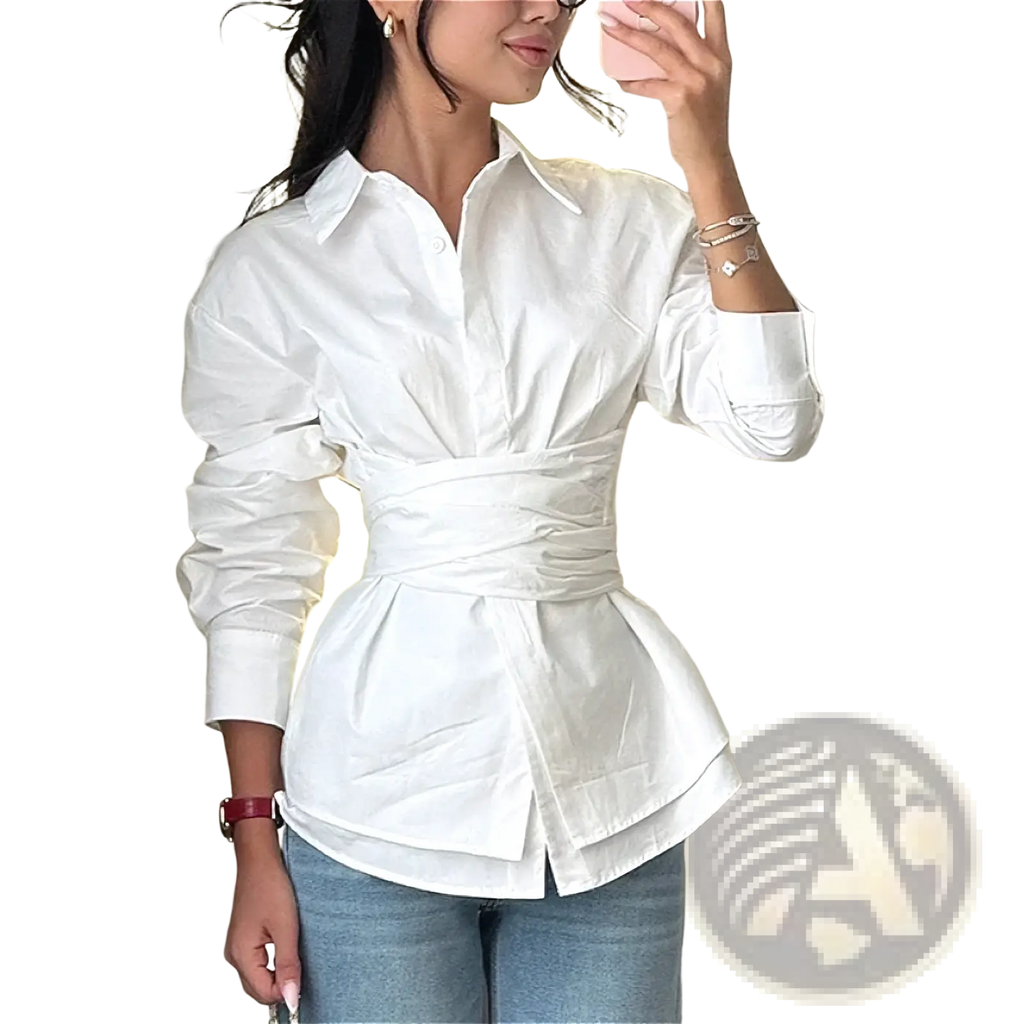 White peplum blouse with cinched waist and turn down collar featuring a vintage style button-up design