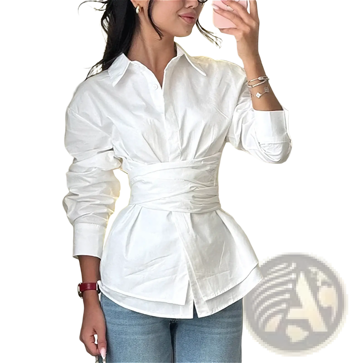 White peplum blouse with cinched waist and turn down collar featuring a vintage style button-up design