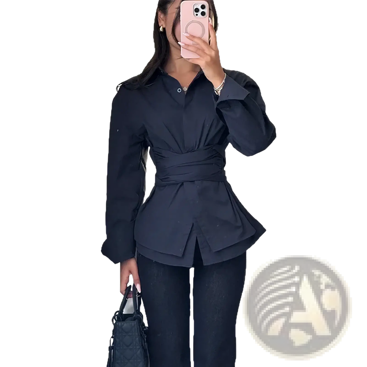 Navy blue long-sleeved blouse with cinched waist and peplum hem featuring a vintage turn down collar design
