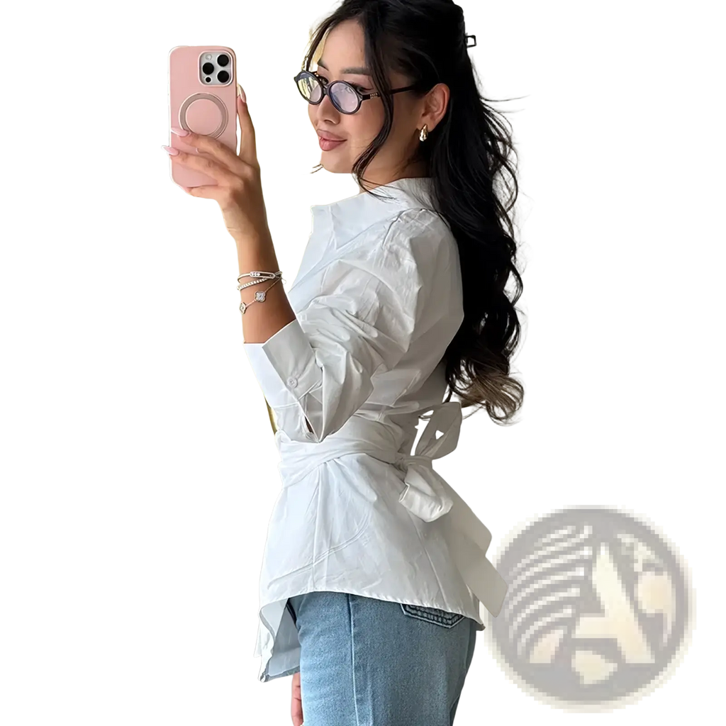 Pink phone case with circular ring holder shown alongside white peplum blouse vintage turn down collar top