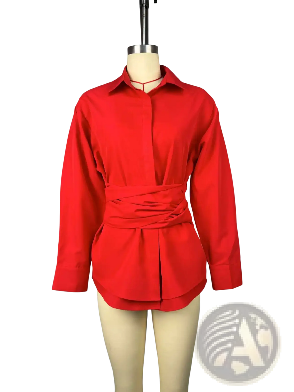 Vibrant red long-sleeved blouse with belted waist and turn down collar displayed on mannequin