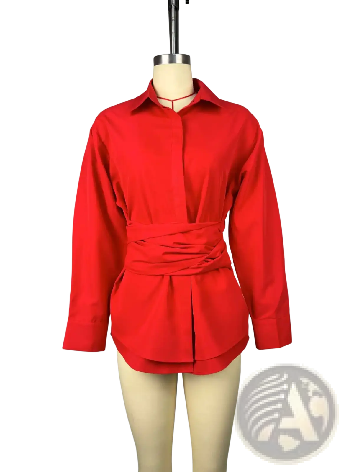 Vibrant red long-sleeved blouse with belted waist and turn down collar displayed on mannequin
