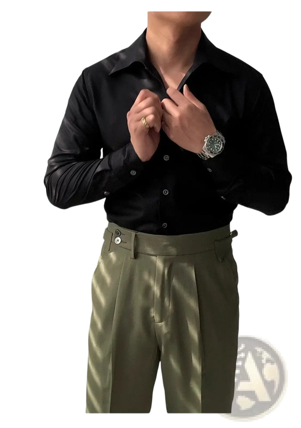 Black satin slim fit button-down shirt featuring a one-piece collar for a sleek formal look