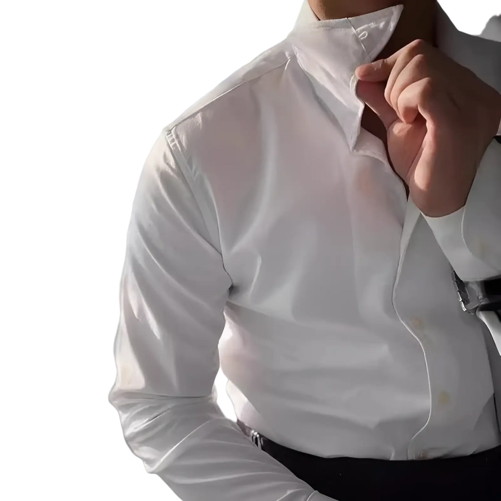 A crisp white slim fit one piece collar dress shirt with a classic collar and button-down front