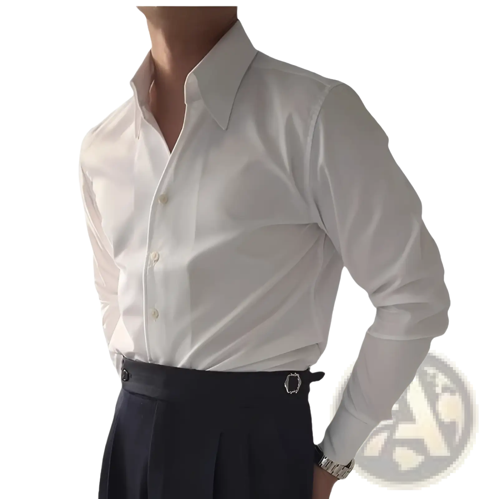 White slim fit one piece collar dress shirt made of crisp white fabric with long sleeves and a button-down front