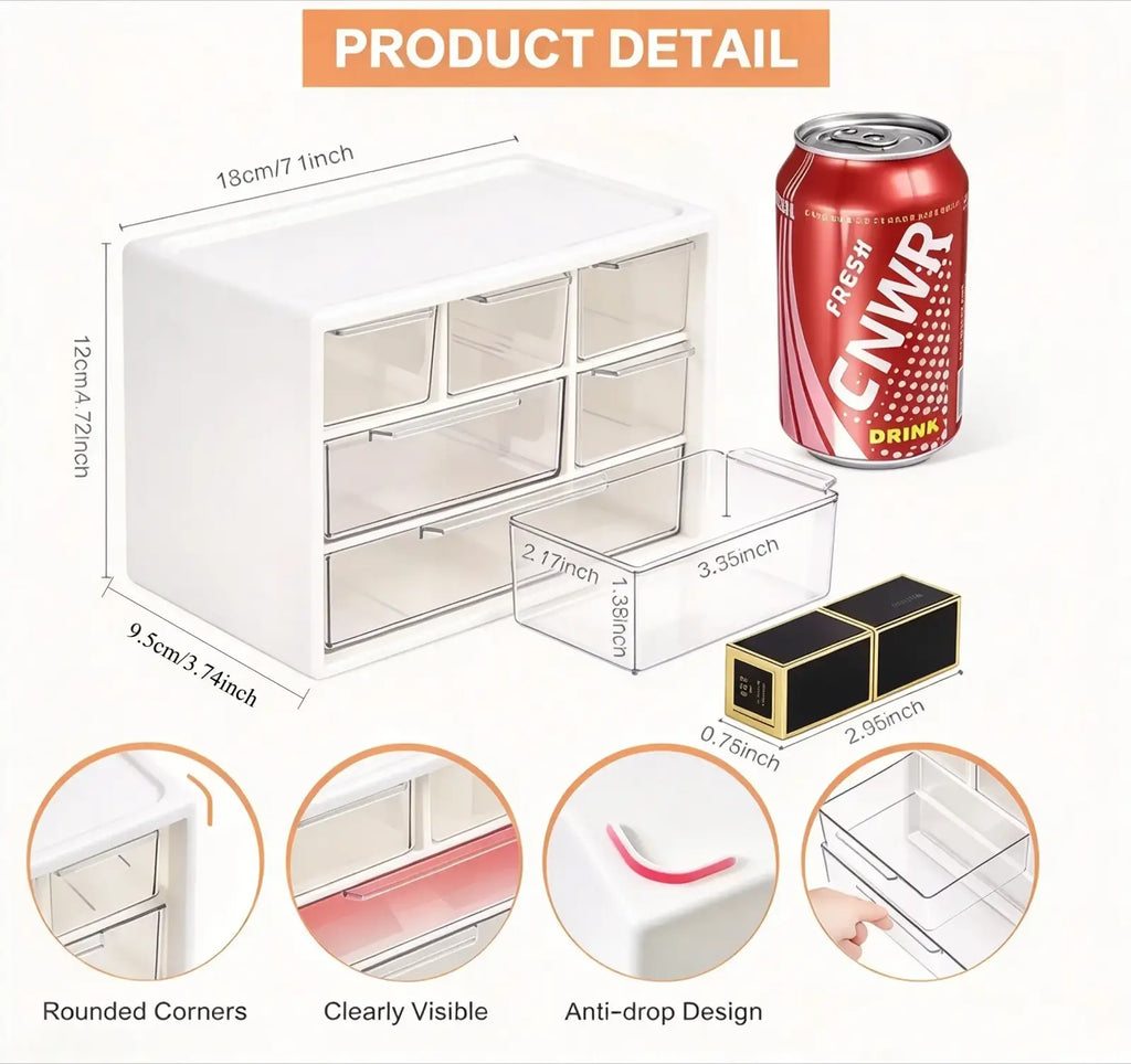 White plastic desk organizer with clear drawers and rounded corners for efficient workspace storage