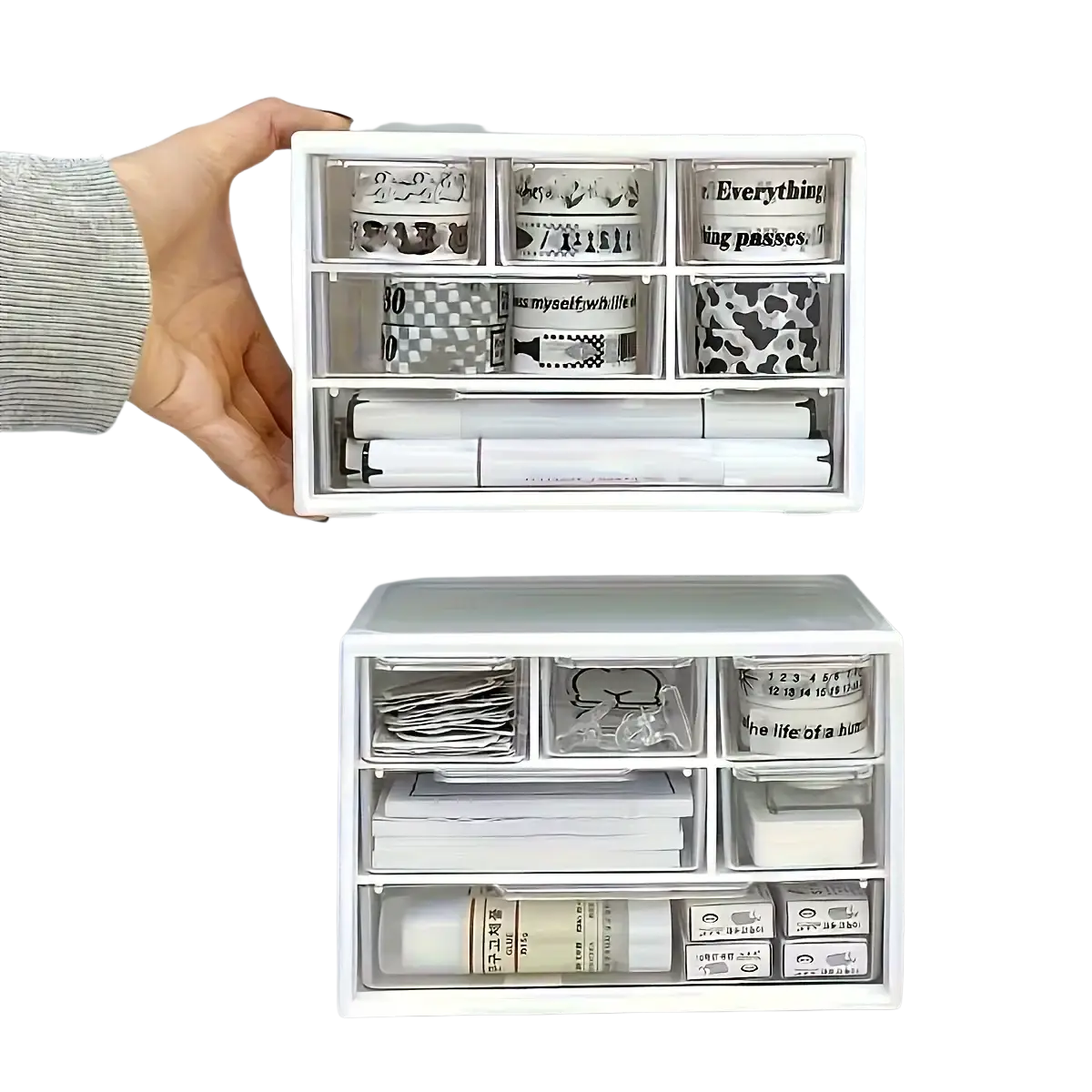 White plastic desk organizer with clear drawers and multiple compartments holding various stationery items
