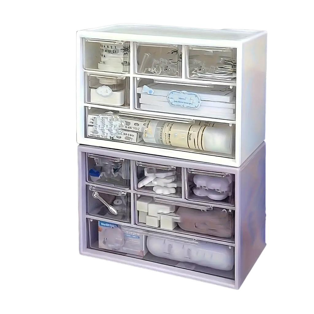 White plastic desk organizer with clear drawers in white and lavender containing stationery supplies
