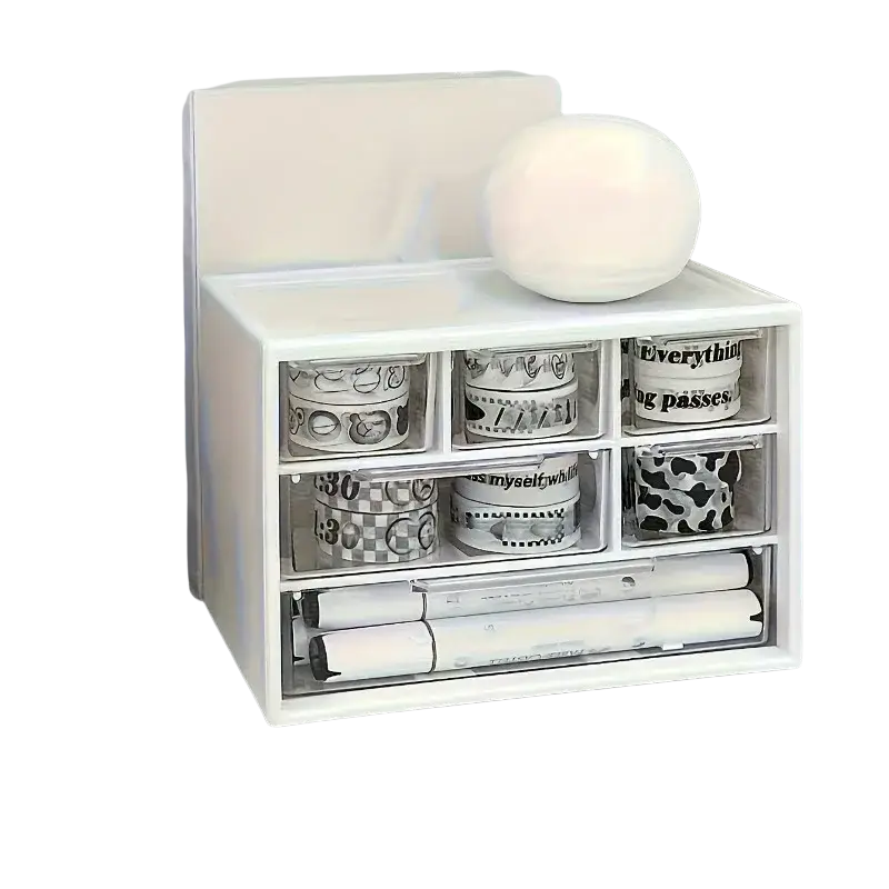 White plastic desk organizer with clear drawers holding washi tape rolls and markers for multi-compartment storage