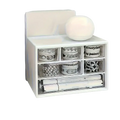 White plastic desk organizer with clear drawers holding washi tape rolls and markers for multi-compartment storage