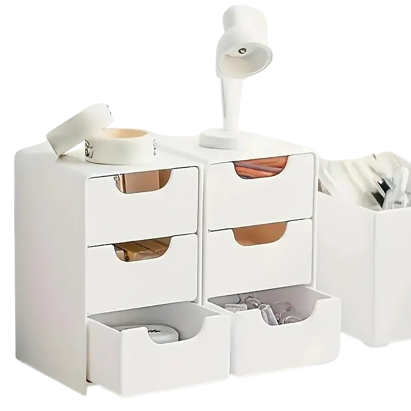 White plastic desk organizer with four drawers featuring brown interiors and rounded handles for office storage