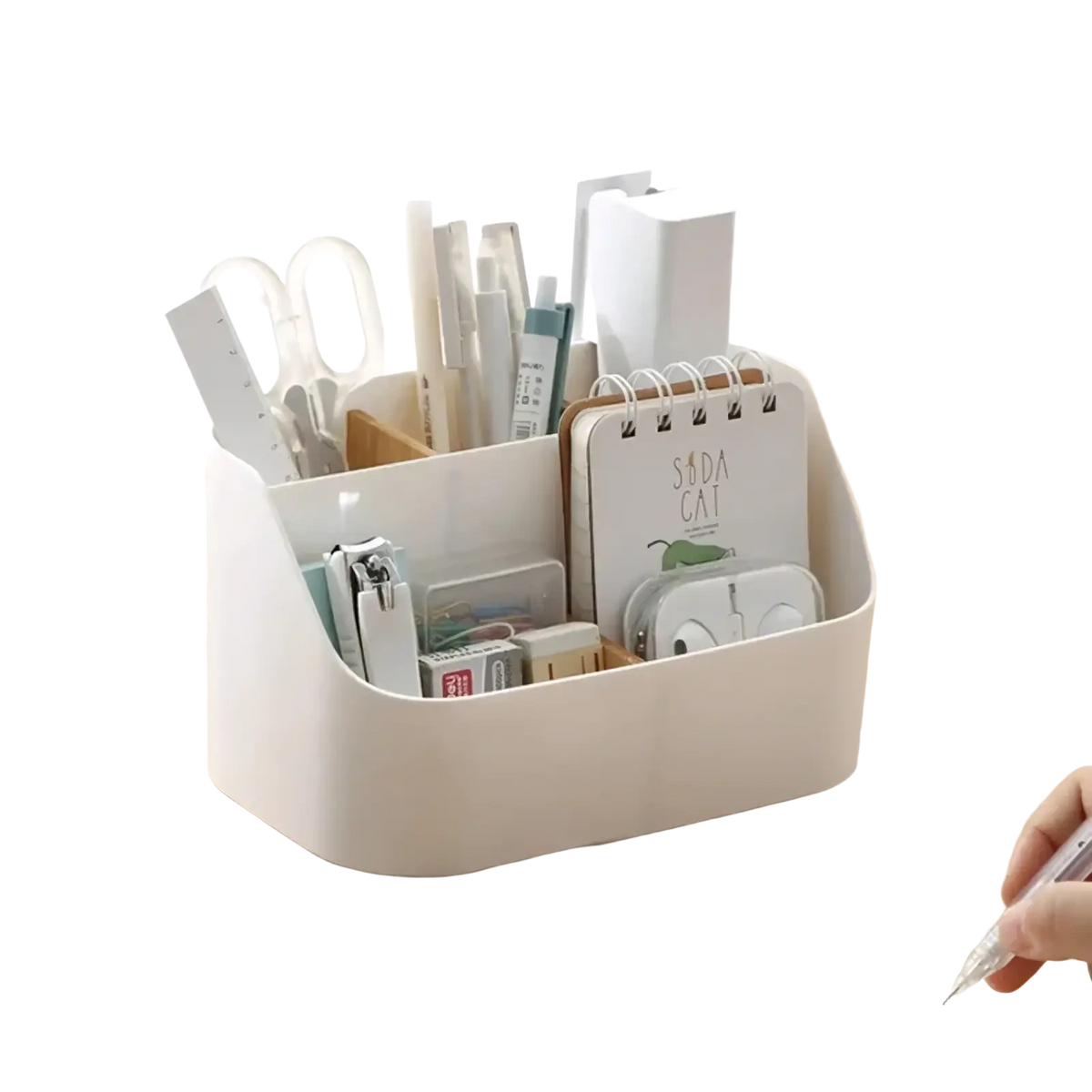 White plastic desk organizer and makeup brush holder with multiple compartments holding pens scissors and stationery items