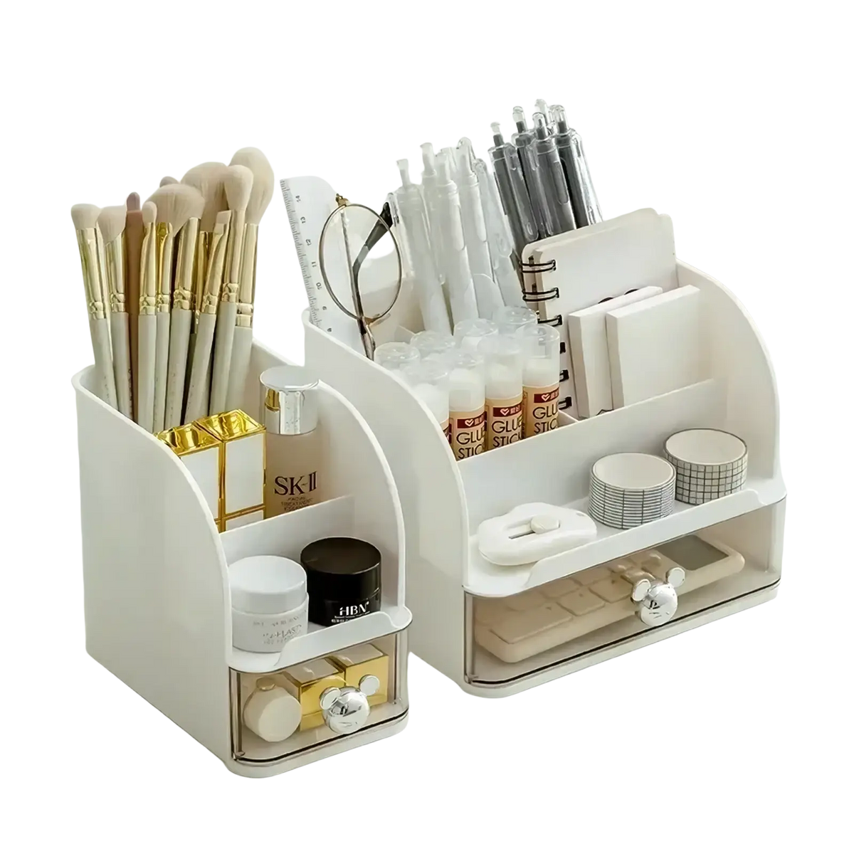 White plastic desk organizer with transparent drawers and compartments holding makeup brushes pens and stationery