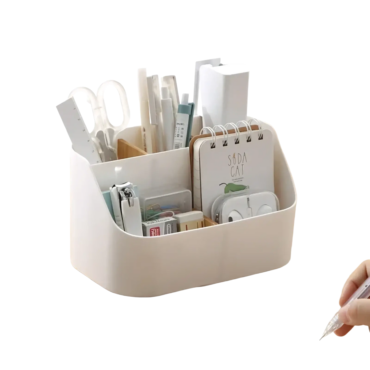 White plastic desk organizer and makeup brush holder with multiple compartments holding pens scissors and stationery items