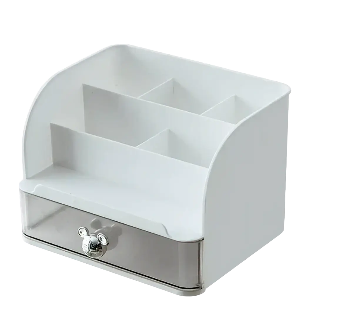 White plastic desk organizer and makeup brush holder with clear drawer and silver mickey mouse head pull handle