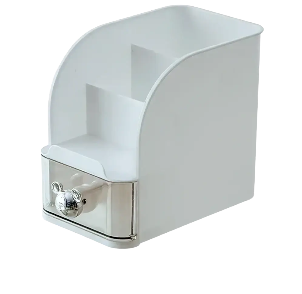 White plastic desk organizer and makeup brush holder with a silver drawer featuring a mickey mouse-shaped handle