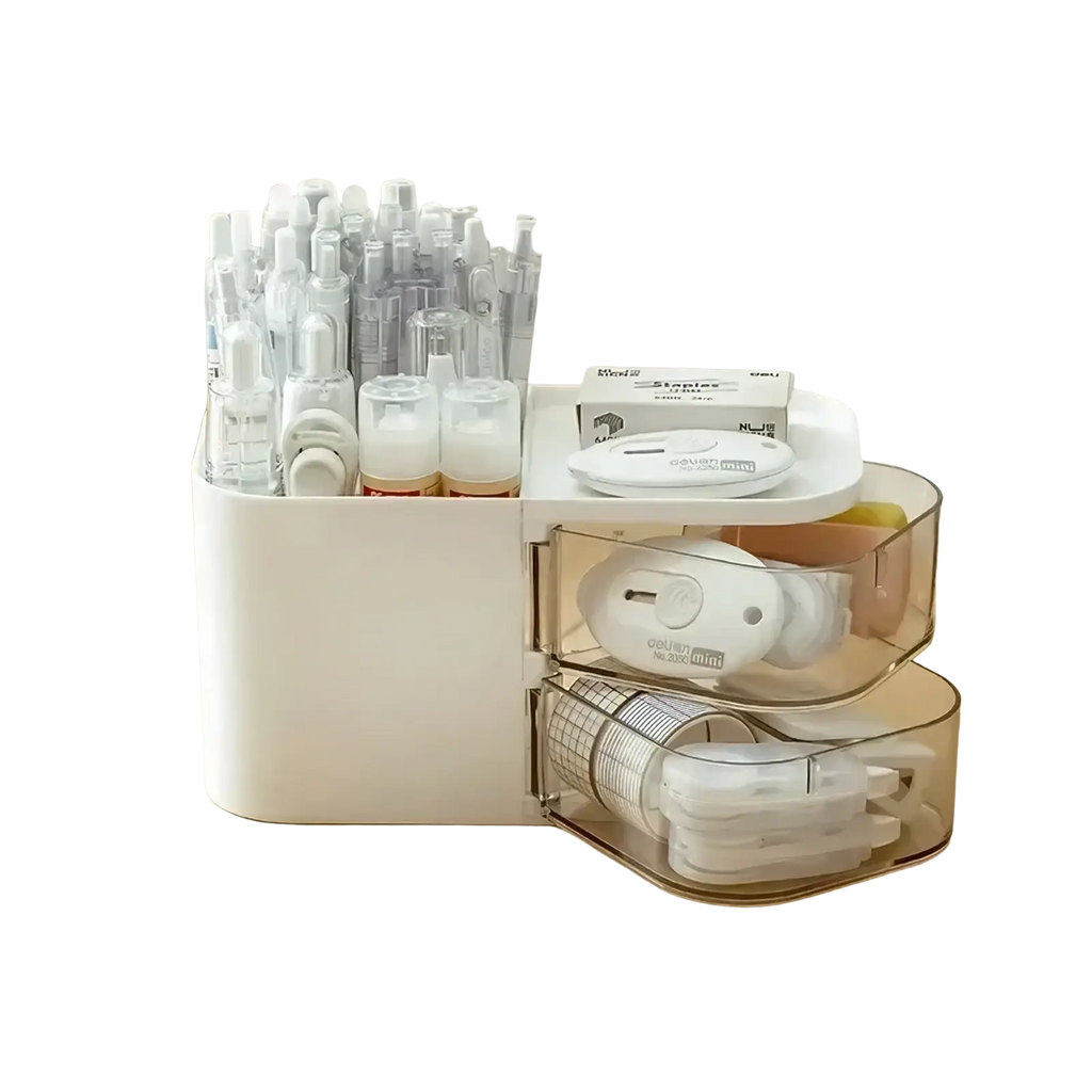 White plastic desk organizer and makeup brush holder with transparent drawers holding various office supplies