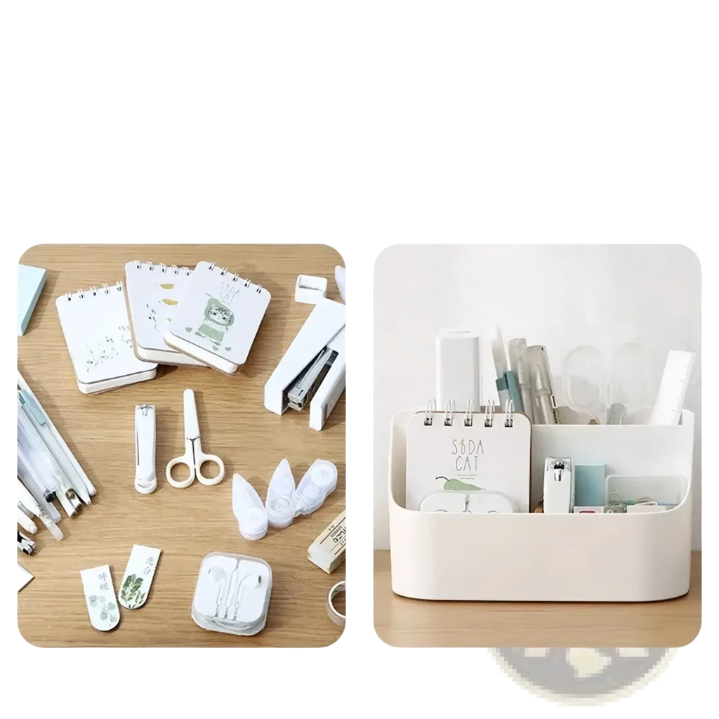 Cream-colored plastic desk organizer with multiple compartments for holding stationery and makeup brushes