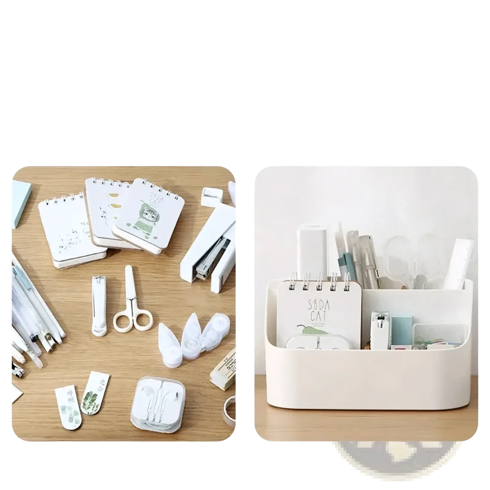 Cream-colored plastic desk organizer with multiple compartments for holding stationery and makeup brushes