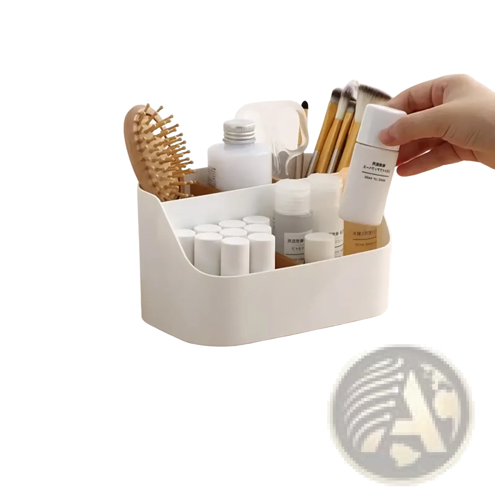 White plastic desk organizer and makeup brush holder with multiple compartments for beauty and grooming items