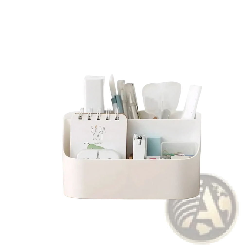 White plastic desk organizer and makeup brush holder with multi compartments made of ABS and bamboo slice