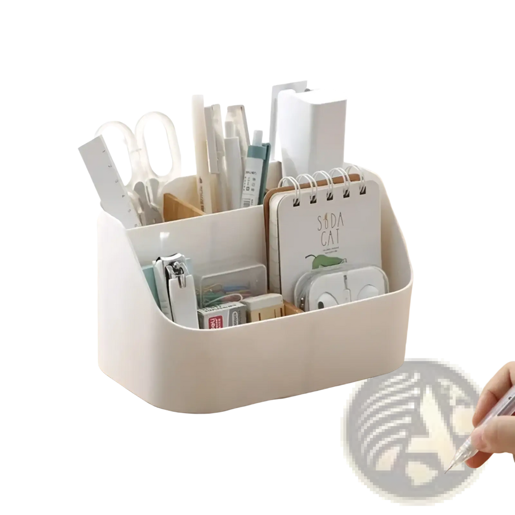 White plastic desk organizer and makeup brush holder with multiple compartments holding pens scissors and stationery items