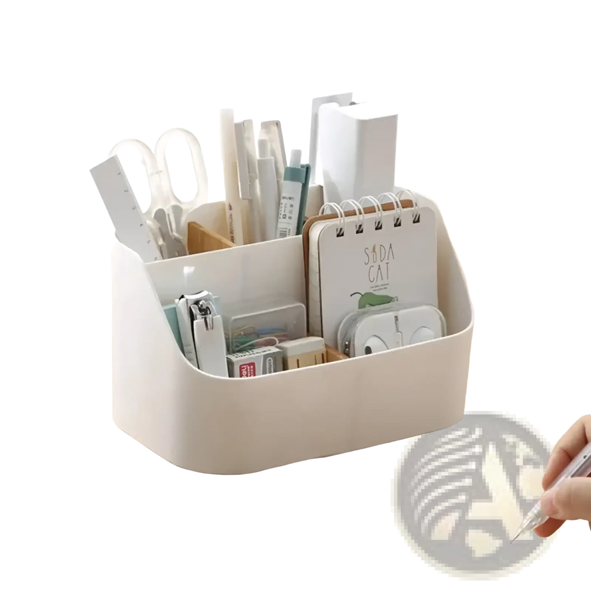 White plastic desk organizer and makeup brush holder with multiple compartments holding pens scissors and stationery items