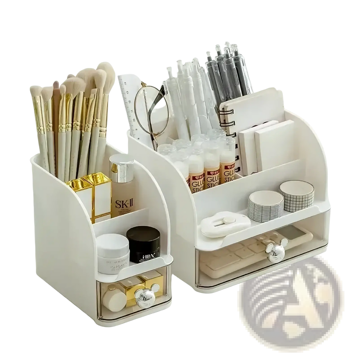 White plastic desk organizer with transparent drawers and compartments holding makeup brushes pens and stationery