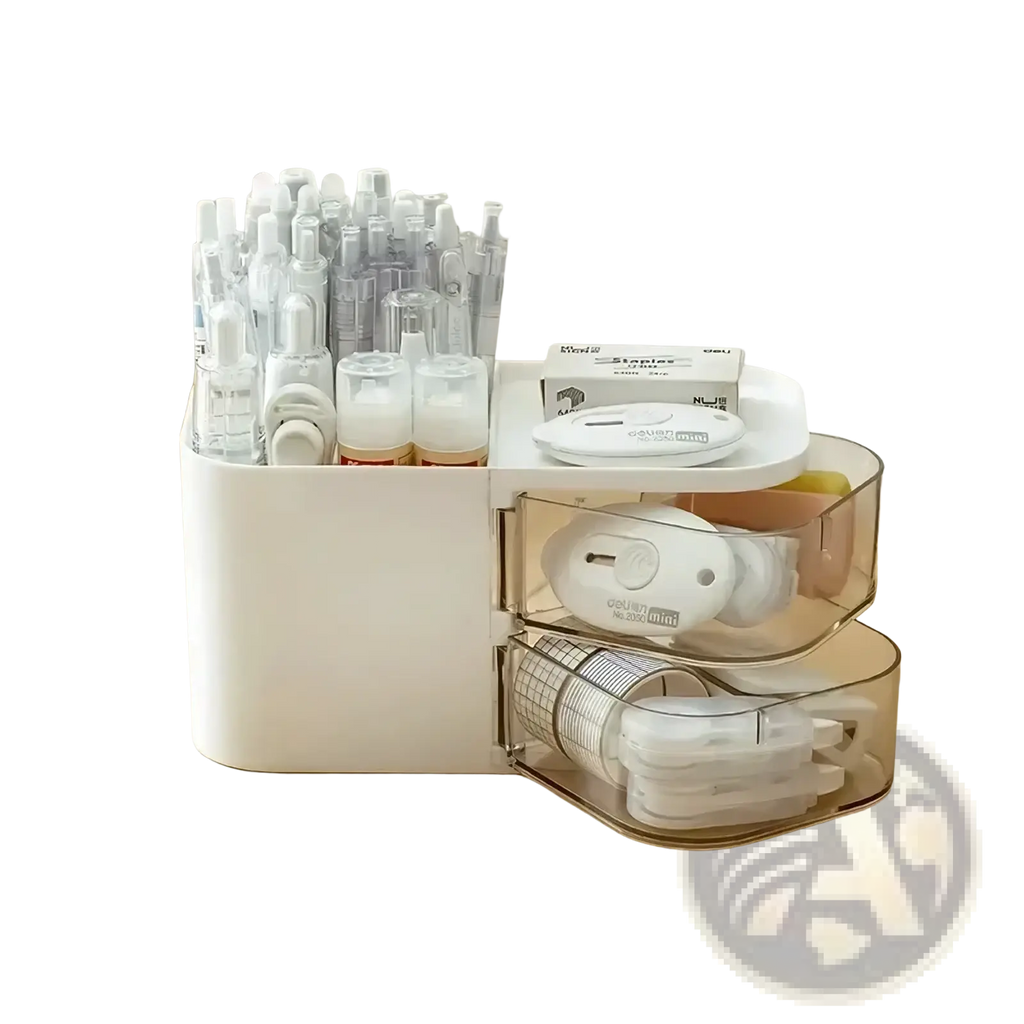 White plastic desk organizer and makeup brush holder with transparent drawers holding various office supplies