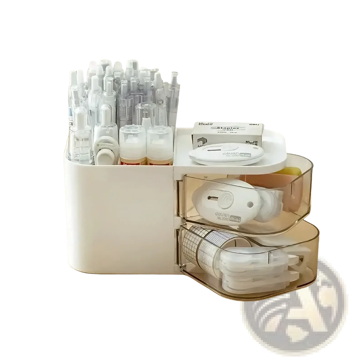 White plastic desk organizer and makeup brush holder with transparent drawers holding various office supplies