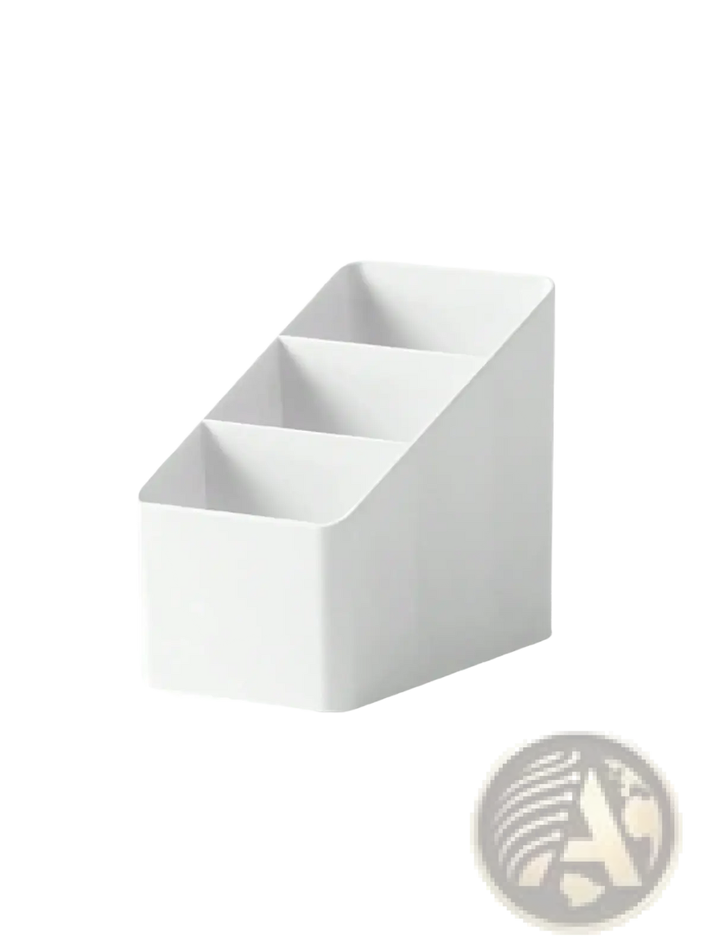White plastic desk organizer with three angled compartments for holding remotes and office supplies