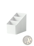 White plastic desk organizer with three angled compartments for holding remotes and office supplies