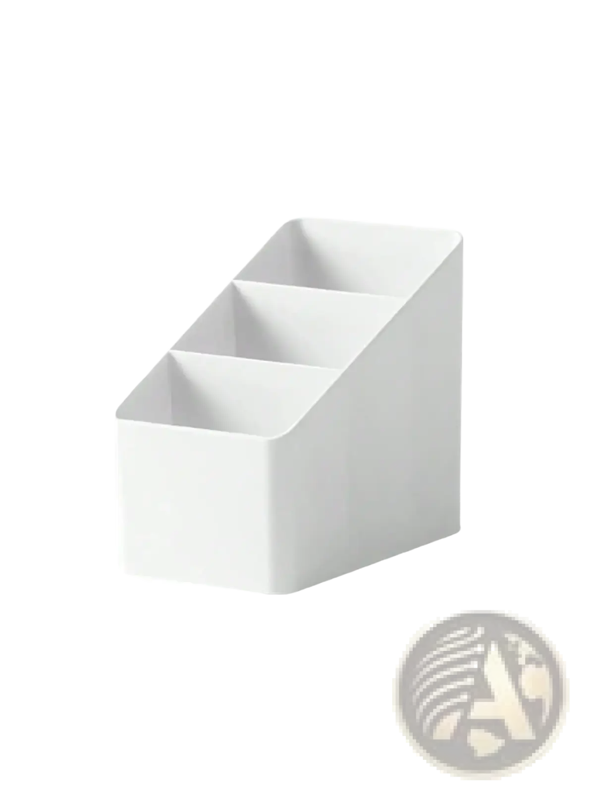 White plastic desk organizer with three angled compartments for holding remotes and office supplies