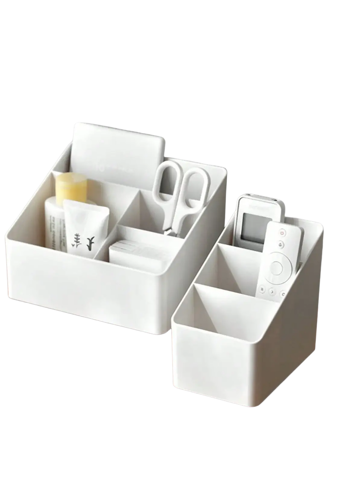White plastic desk organizer and remote holder with multiple compartments for storing small office items