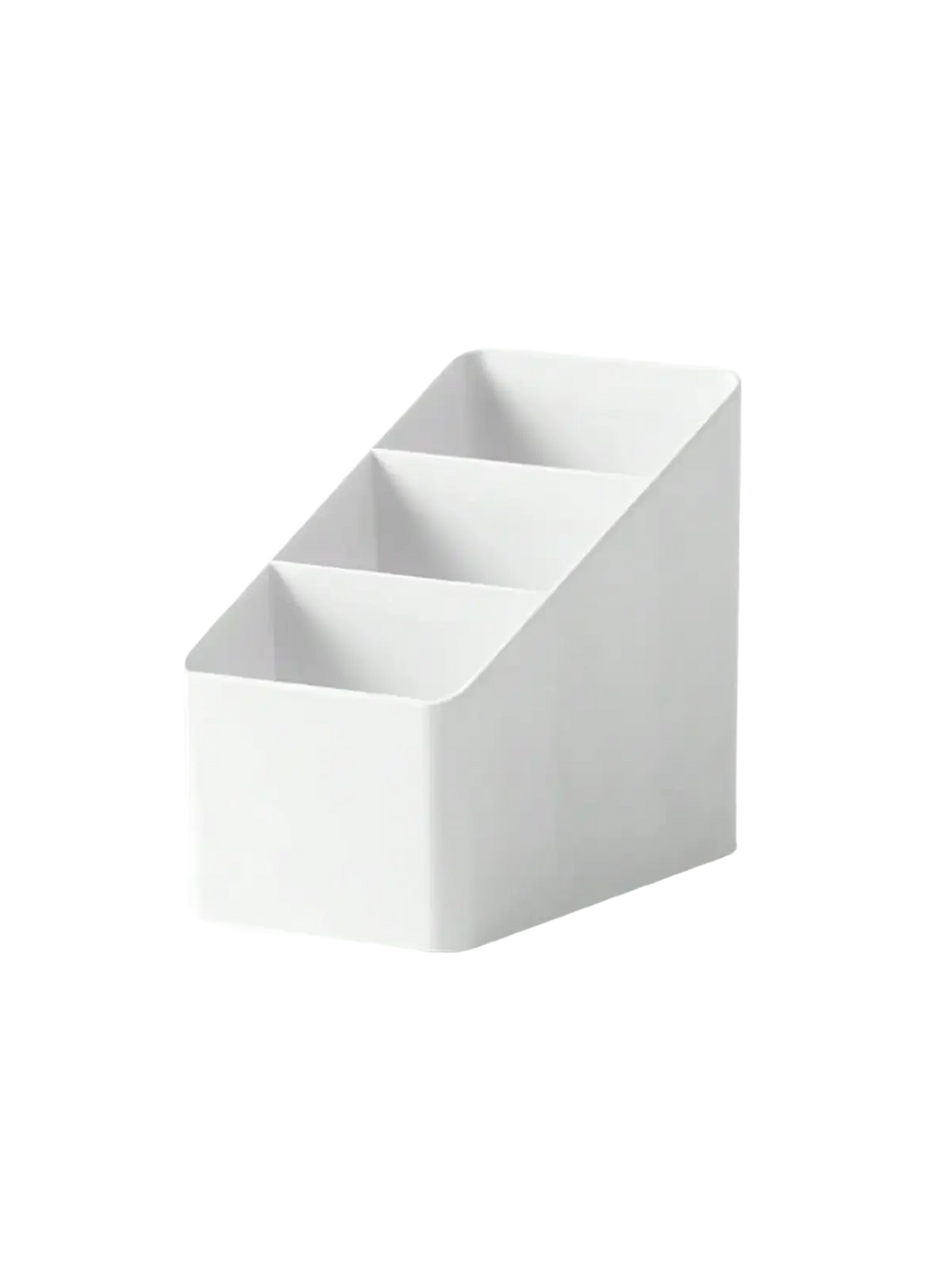 White plastic desk organizer with three angled compartments for holding remotes and office supplies