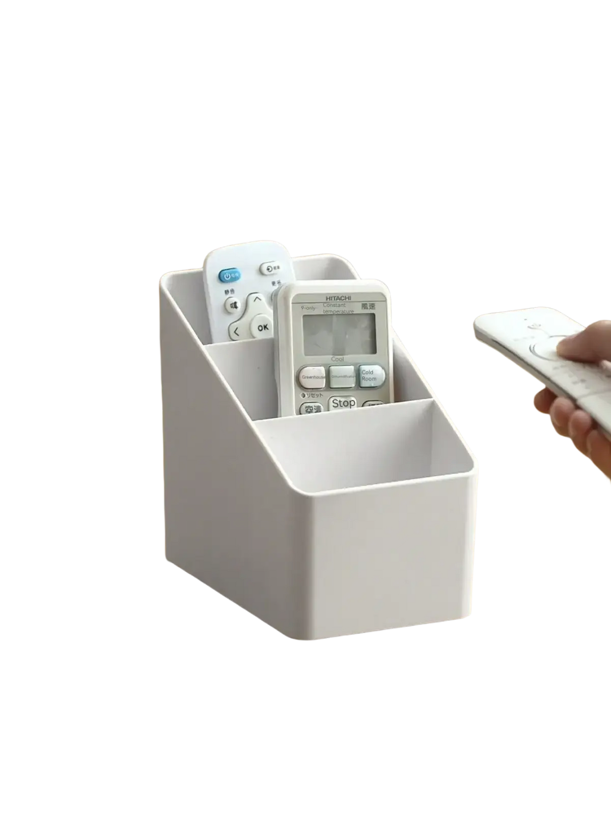White plastic desk organizer and remote holder with multiple compartments for organized storage