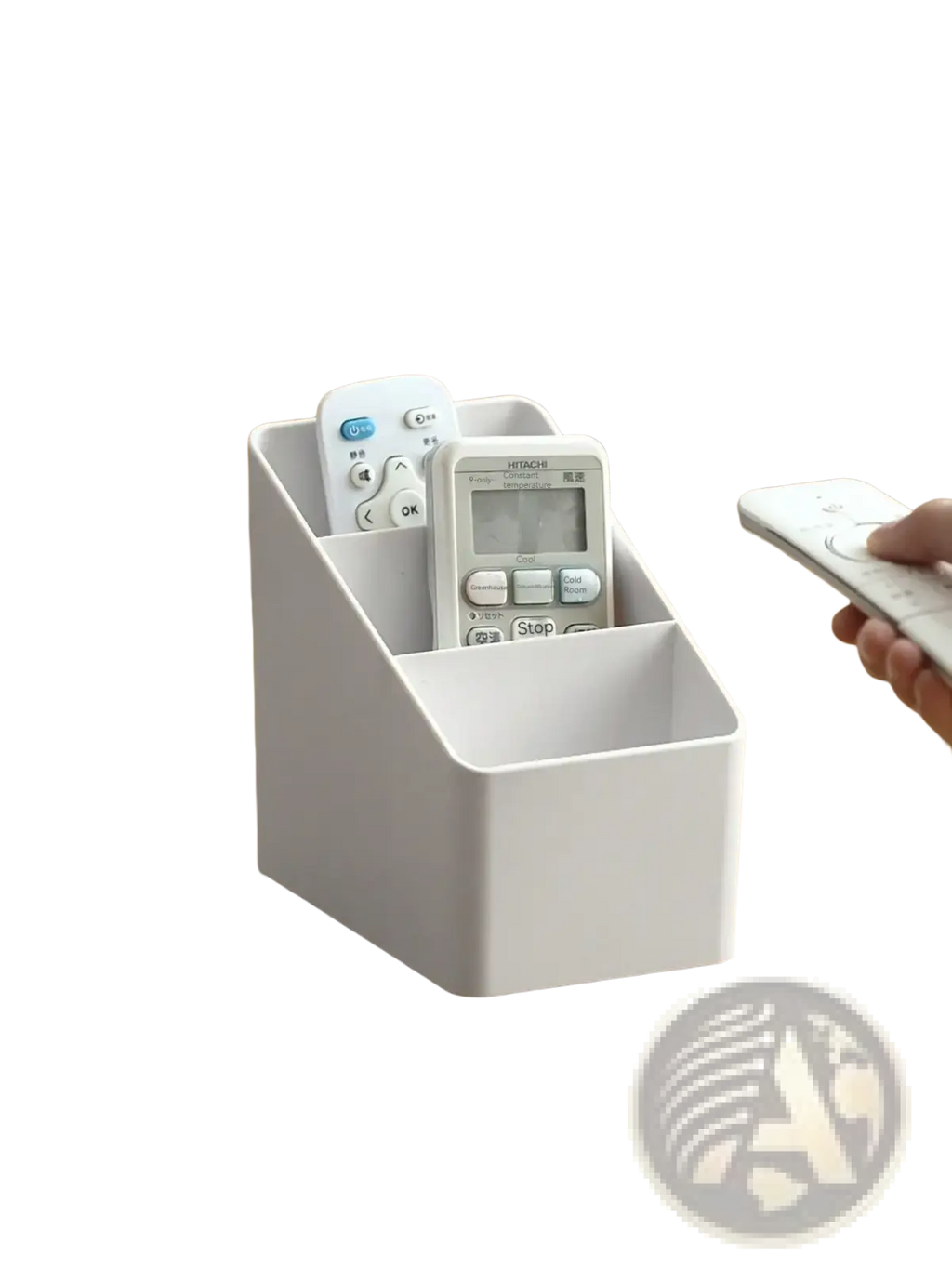 White plastic desk organizer and remote holder with multiple compartments for organized storage