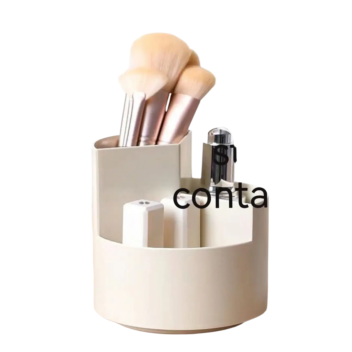 Cream-colored plastic desk organizer with rotating base for holding makeup brushes and small cylindrical items